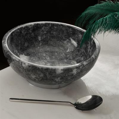 Quarry Black Marble Silver Metal Footed Decorative Bowl - Large Size