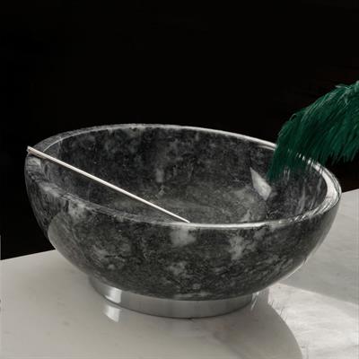 Quarry Black Marble Silver Metal Footed Decorative Bowl - Large Size