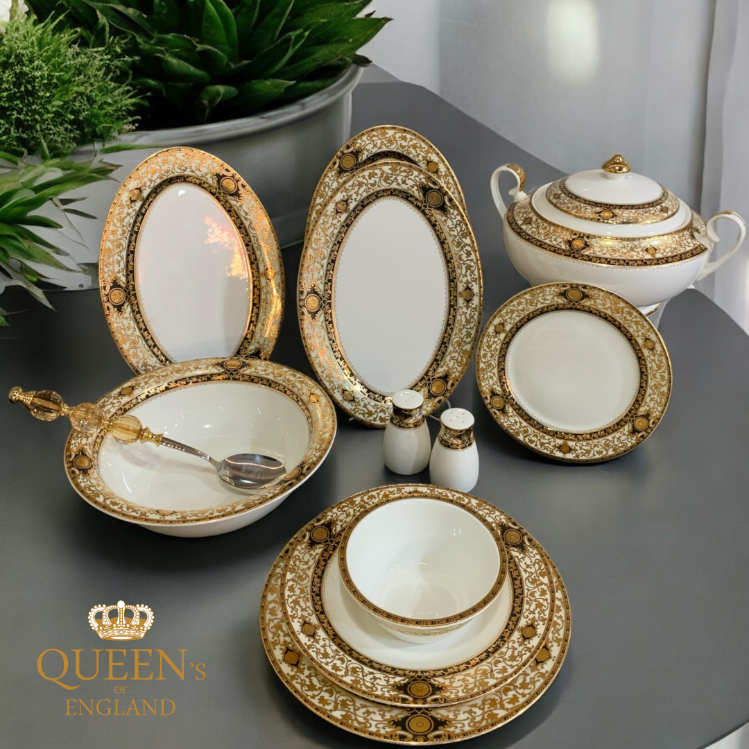 Queen's of England Georgia Black 61 Piece Porcelain Dinner Set for