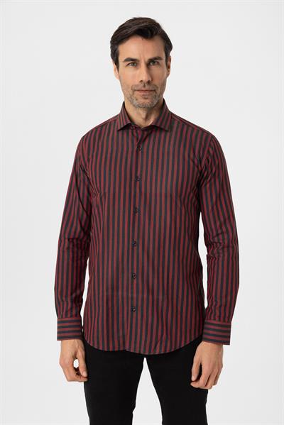 Bordo-Siyah Çizgili %100 Cotton Erkek Gömlek 