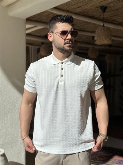 Desenli Yakalı Tshirt Beyaz