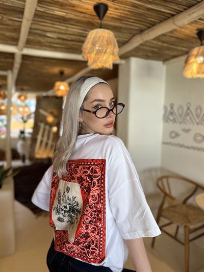 Etnik Desenli Unisex Tshirt Beyaz