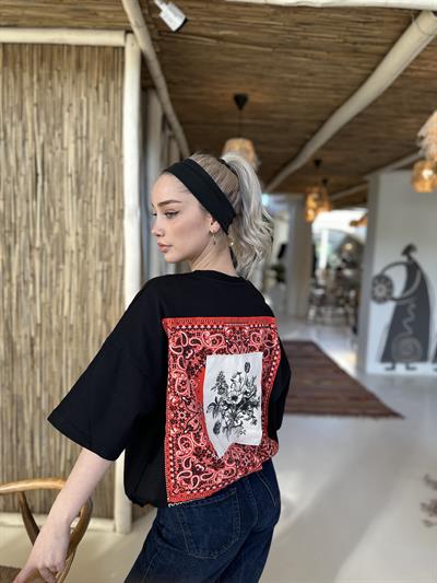 Etnik Desenli Unisex Tshirt Siyah