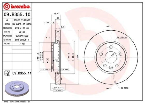 Opel Astra J Ön Fren Aynası [276x26x5DL, 15 İnç, Havalı] BREMBO