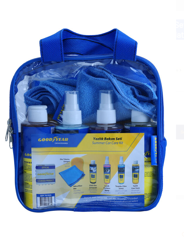 Yazlık Bakım Seti Cilalı Oto Şampuanı, Lastik Parlatıcı, Yazlık Cam Suyu,Torpido Cilası ,Yıkama Süngeri, Dururlama Bezi