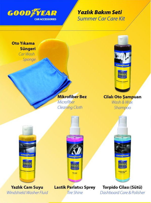 Yazlık Bakım Seti Cilalı Oto Şampuanı, Lastik Parlatıcı, Yazlık Cam Suyu,Torpido Cilası ,Yıkama Süngeri, Dururlama Bezi