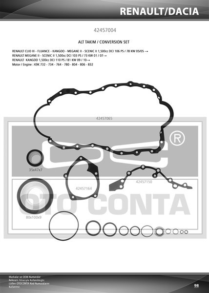 Renault Clio Kangoo Megane Logan Sandero Alt Takım Contası Teflon Keçeli... OTOCONTA