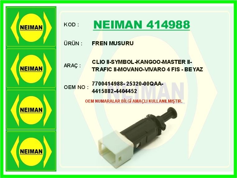 Renault Clio 2 Symbol Kangoo Master 2 Trafic 2 Fren Müşürü 4 Fiş Beyaz BESCHER