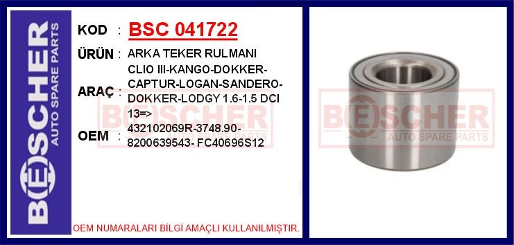 Renault Clio 3 Kangoo Dokker Captur Logan Sandero Lodgy Arka Teker Rulmanı... BESCHER