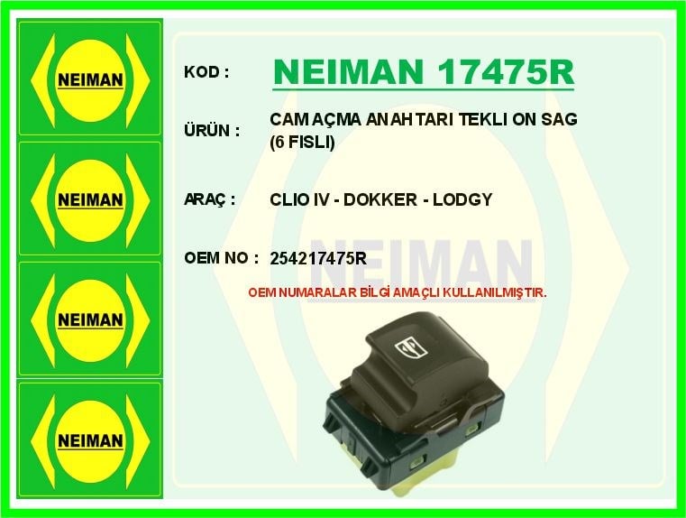 Renault Clio 4 Dokker Lodgy Ön Sağ Cam Açma Anahtarı Tekli BESCHER