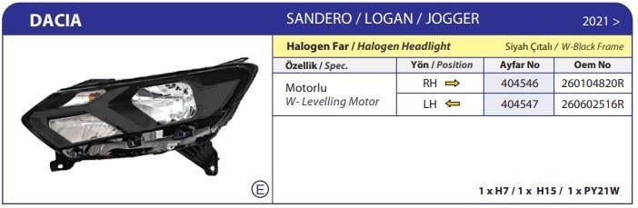 Dacia Sandero Logan Jogger (21>) Far Motorlu Sağ