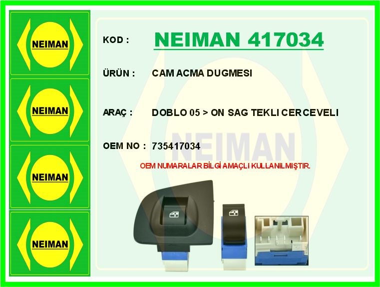 Fiat Doblo Ön Sağ Tekli Çerçeveli Cam Açma Düğmesi BESCHER