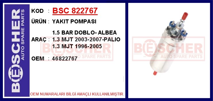Fiat Doblo Yakıt Pompası 1.5 Bar 1.3 MJT BESCHER