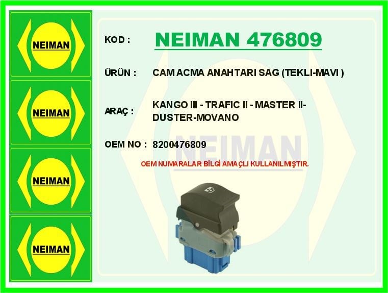 Renault Kangoo 3 Trafic 2 Master 2 Duster Movano Sağ Tekli Mavi Cam Açma... BESCHER