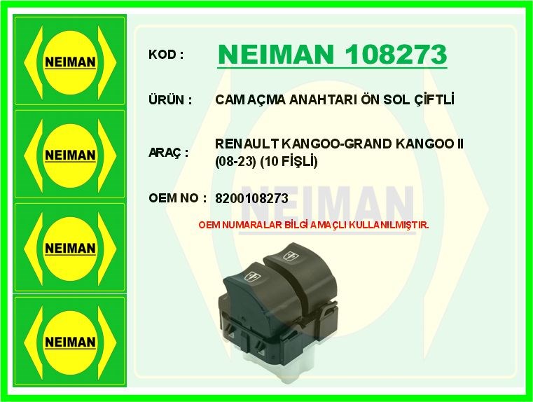 Renault Kangoo Grand Kangoo 2 Ön Sol Çiftli Cam Açma Anahtarı 10 Fişli BESCHER