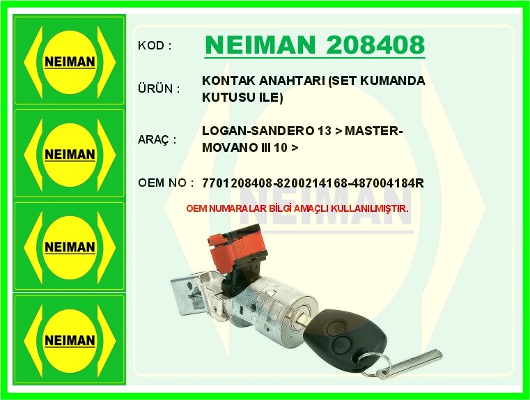 Dacia Logan Sandero Master Movano 3 Kontak Anahtarı Set Kumanda Kutusu İle BESCHER