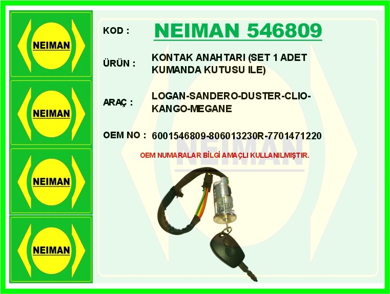 Dacia Logan Sandero Duster Renault Clio Kangoo Megane Kontak Anahtarı Set 1... BESCHER
