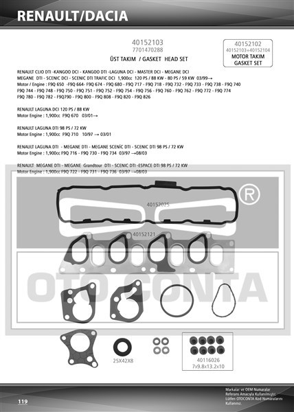 Renault Megane I II Scenic I II Clio II Laguna I II Kangoo Motor Takım Conta... OTOCONTA