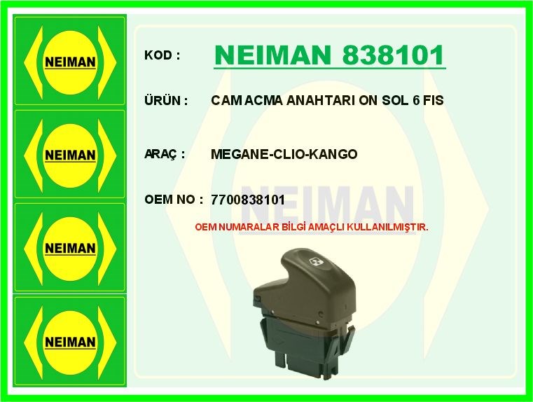 Renault Megane Cam Açma Anahtarı Ön Sol 6 Fiş BESCHER