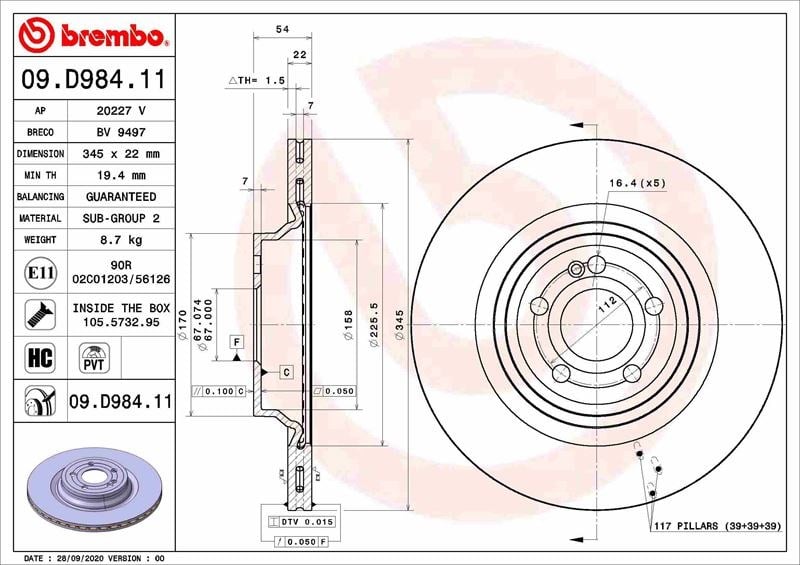 Mercedes V167 C167 X167 Arka Fren Diski BREMBO