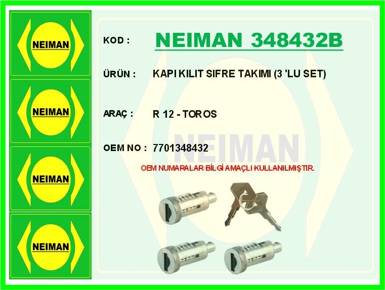 Renault R12 Toros Kapı Kilit Şifre Takımı 3'lü Set BESCHER