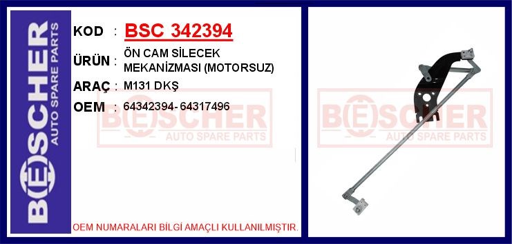 Tofaş Şahin Doğan Kartal Ön Cam Silecek Mekanizması Motorsuz BESCHER