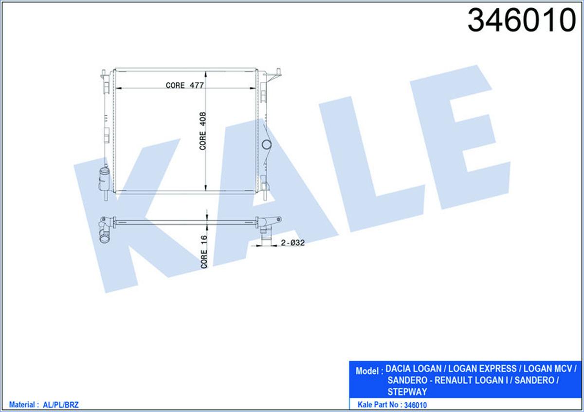Su Radyatörü Dacıa Logan 1.4-1.6 08 482X408x16 Mek.Şanz. Al/Pl/Brz