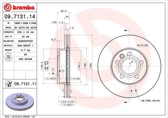 VW Transporter T4 Ön Fren Aynası Havalı [280x24x5DL] BREMBO