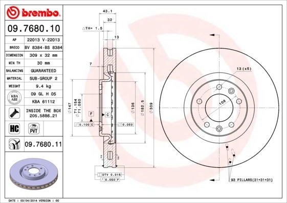 Peugeot 607 Ön Fren Aynası Havalı [43x309x5DL] BREMBO