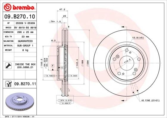 Honda Accord Ön Fren Diski [Havalı, 296 Çap, 5 Bijon] BREMBO