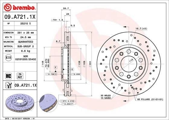 Alfa Romeo Giulietta Fiat 500X Ön Fren Aynası Hava Kanallı Delikli BREMBO
