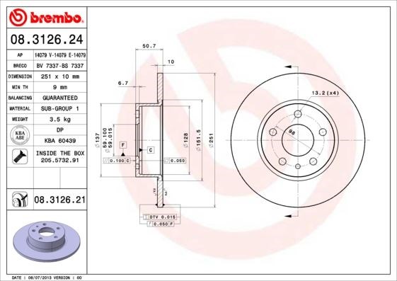 Alfa Romeo 147 01>10 156 97>05 164 92>98 Arka Fren Diski 251.5x10x50.6MM BREMBO
