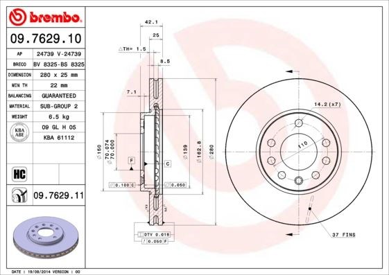 Opel Astra H Combo C Meriva B Zafira B Ön Fren Aynası Havalı [280x25x5DL] BREMBO