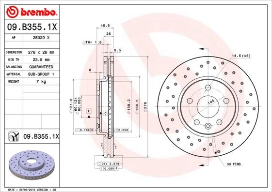 Opel Astra J Ön Fren Aynası [276x26x5DL, 15 İnç, Havalı] BREMBO