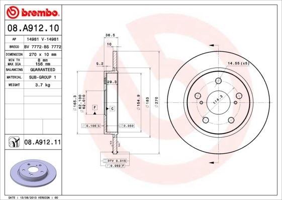 Toyota Auris Corolla Arka Fren Diski Dolu Tip BREMBO