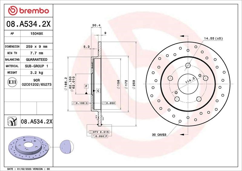 Toyota Auris Corolla Arka Fren Diski Dolu Tip Kaplamalı Delikli BREMBO