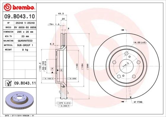 Toyota Avensis Ön Fren Diski [Havalı, Kaplamalı, 295 Çap, 5 Bijon] BREMBO