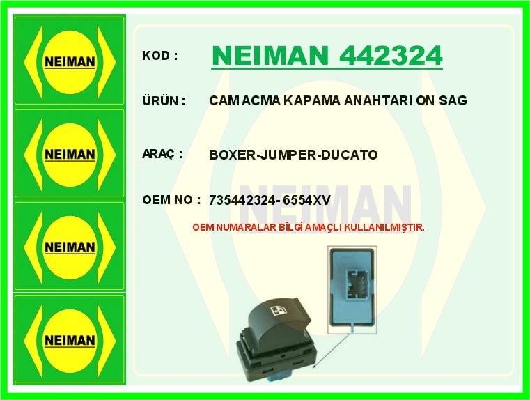 Peugeot Boxer Citroen Jumper Fiat Ducato Ön Sağ Cam Açma Kapama Anahtarı BESCHER