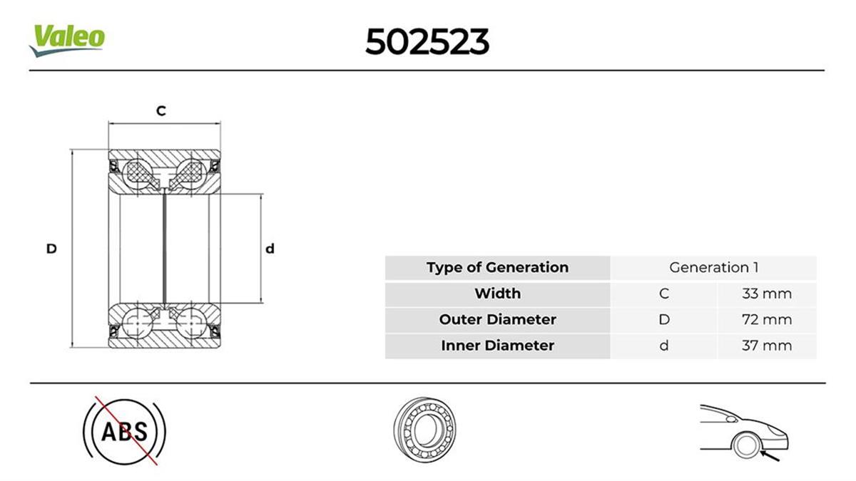 Peugeot 106 206 306 Teker Rulmanı Ön Abs Siz 37X72x33 3350.32-9628670080