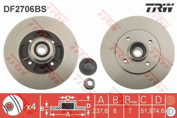 Renault Clio II Megane I R19 Rulmanlı ABS Sensörlü Arka Fren Diski 238x8x7MM TRW