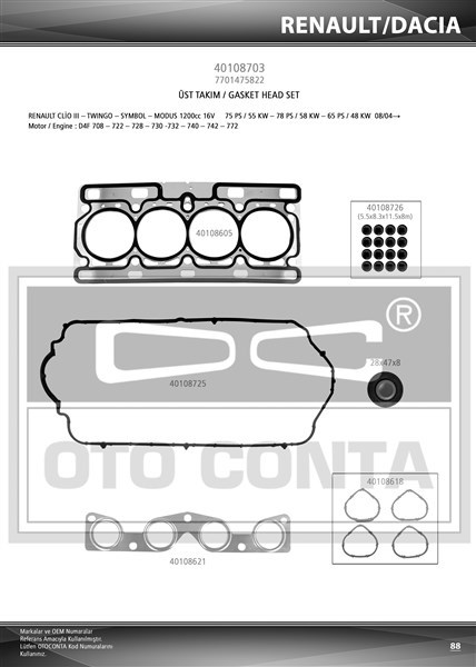 Renault Clio II Motor Takım Conta [1.2 16V D4F] OTOCONTA