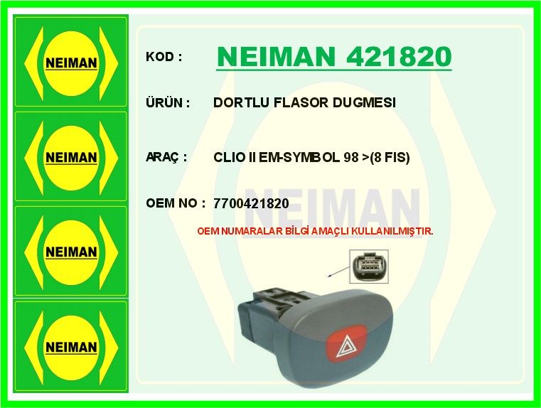 Renault Clio 2 Symbol Dörtlü Flaşör Düğmesi 8 Fiş BESCHER