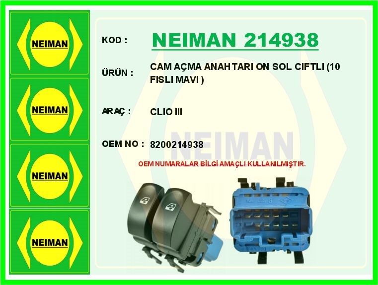 Renault Clio 3 Ön Sol Çiftli Cam Açma Anahtarı Mavi BESCHER