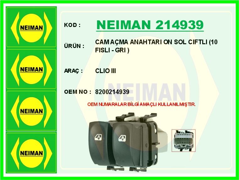 Renault Clio 3 Ön Sol Çiftli Cam Açma Anahtarı Gri BESCHER