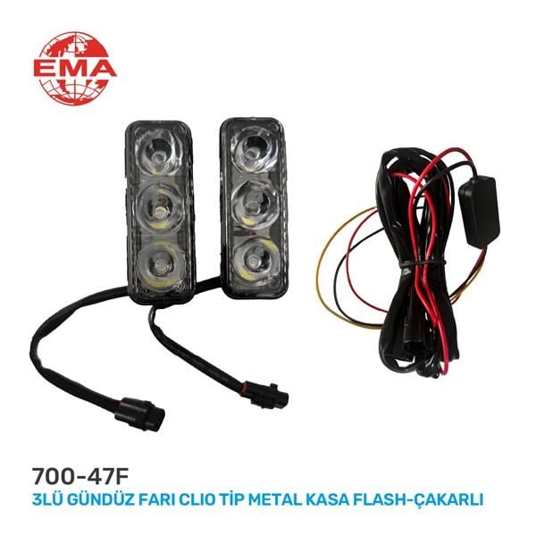Clio Tip Metal Kasa Flash-Çakarlı 3'lü Gündüz Farı EMA