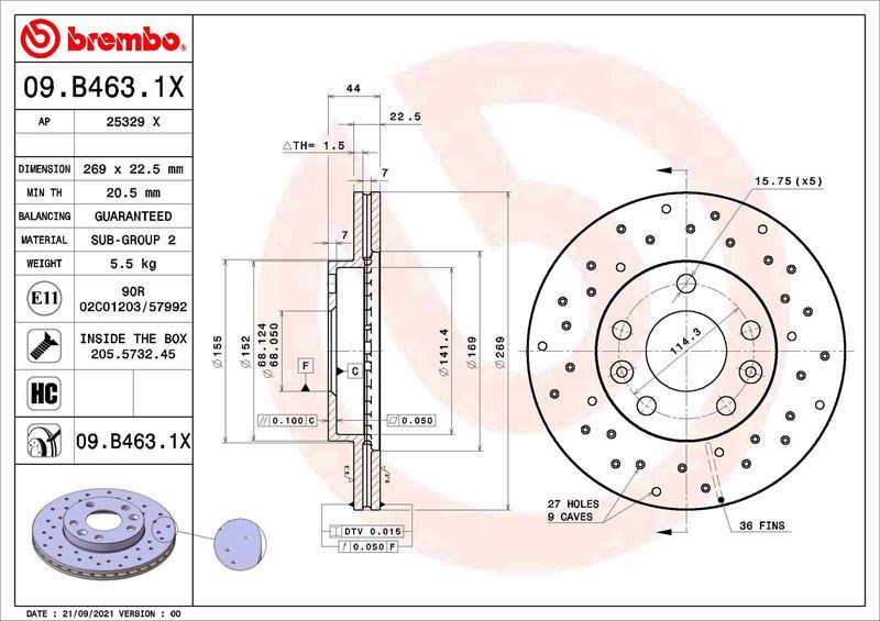 Dacia Duster I Ön Fren Diski [269mm Çap, 22.5mm Kalınlık, 5 Delik,... BREMBO