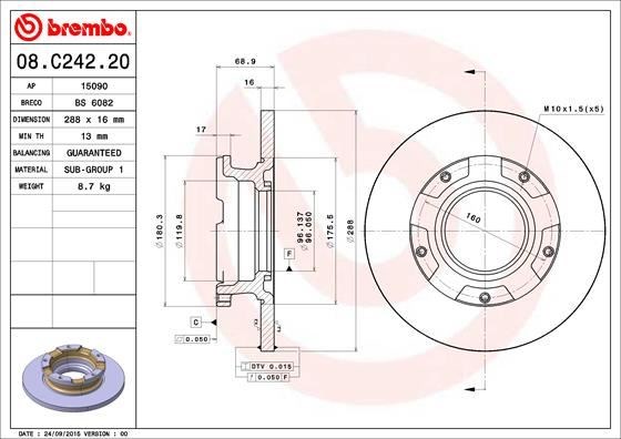 Ford Transit Custom V362 2.2TDCI Arka Fren Disk Aynası Çap 288 16 BREMBO
