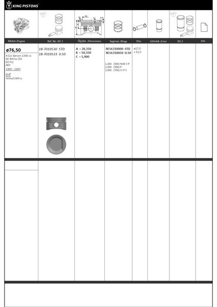 VW Audi Skoda Seat Golf Polo Vento Piston Kiti 1.4 AEX STD KING-PISTON