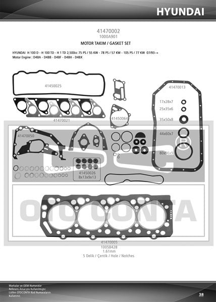 Hyundai H100 Motor Takım Contası Full Keçeli TD OTOCONTA