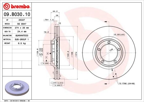 Hyundai H100 Ön Fren Diski [Havalı, 274 Çap, 5 Bijon] BREMBO
